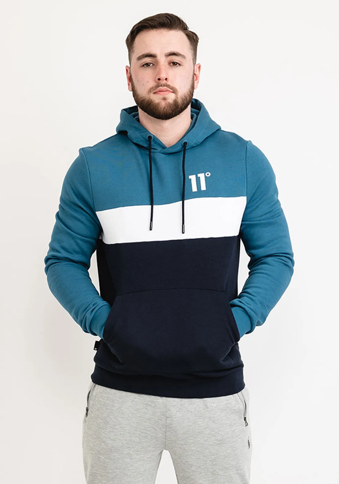 11 Degrees Block Colour Pullover Hoodie, Midnight Blue & White