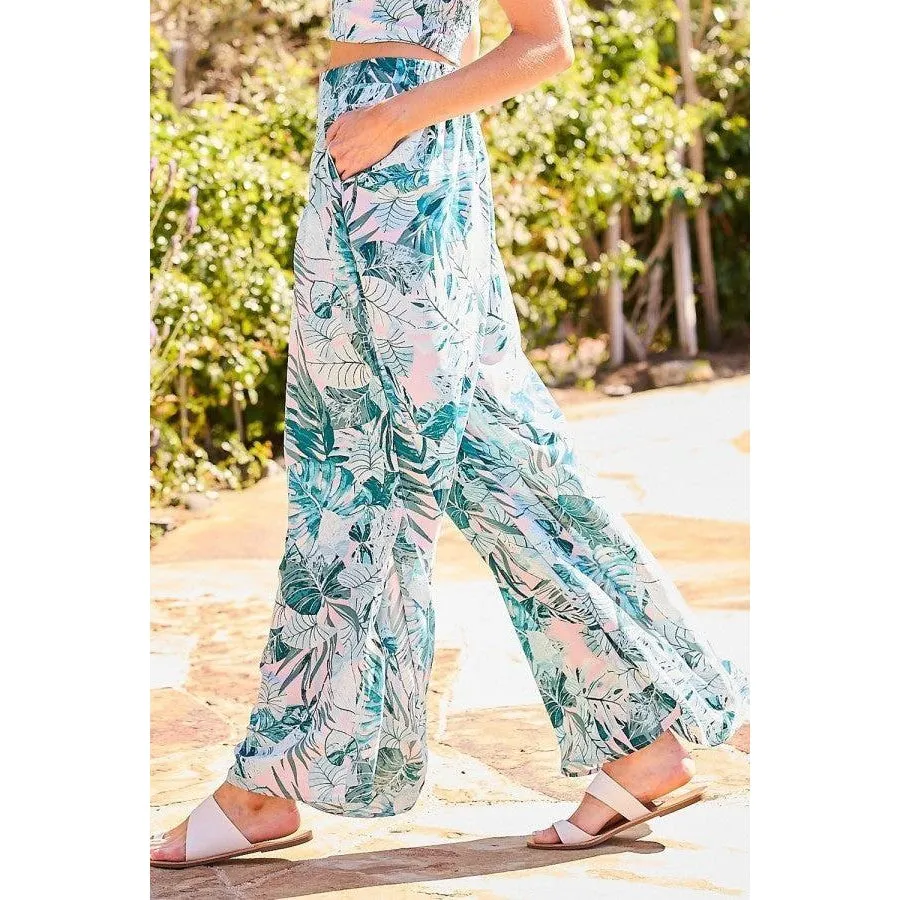 Back Elastic Waist Band Side Pockets Pleat Side Open Slit Tropical Print Pants