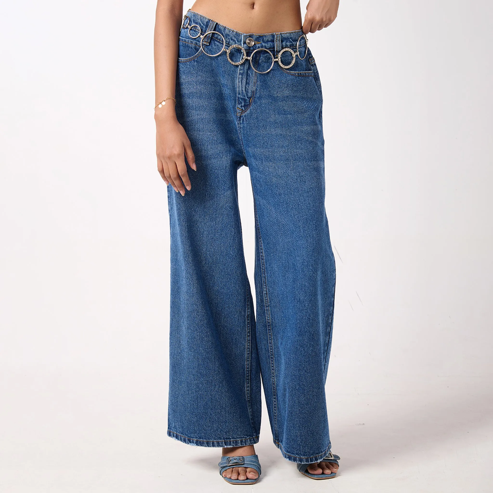 Baggy Jeans & Orange Crop Linen Shirt Set for Women