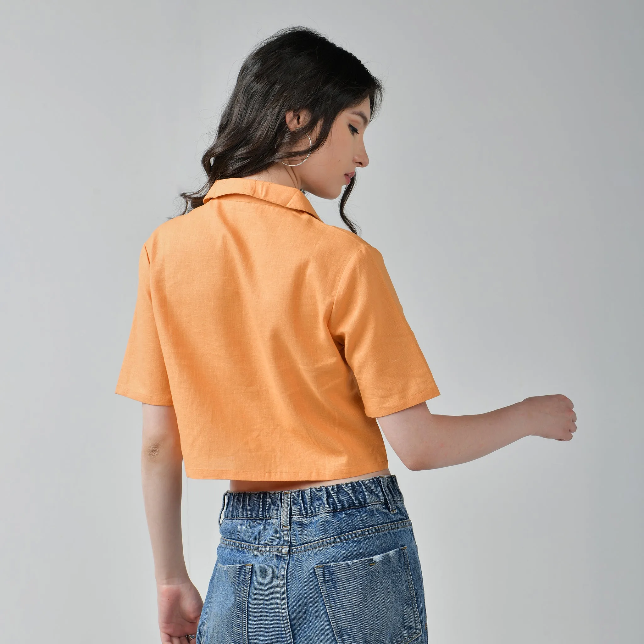 Baggy Jeans & Orange Crop Linen Shirt Set for Women