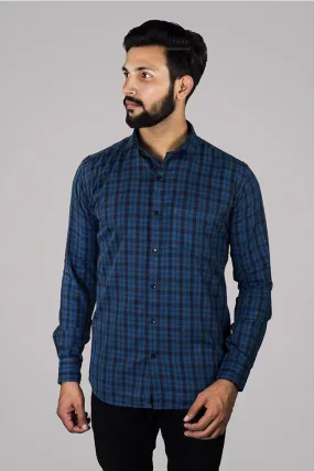 Blue Check Shirt - Men Checked Button Down Collar Cotton