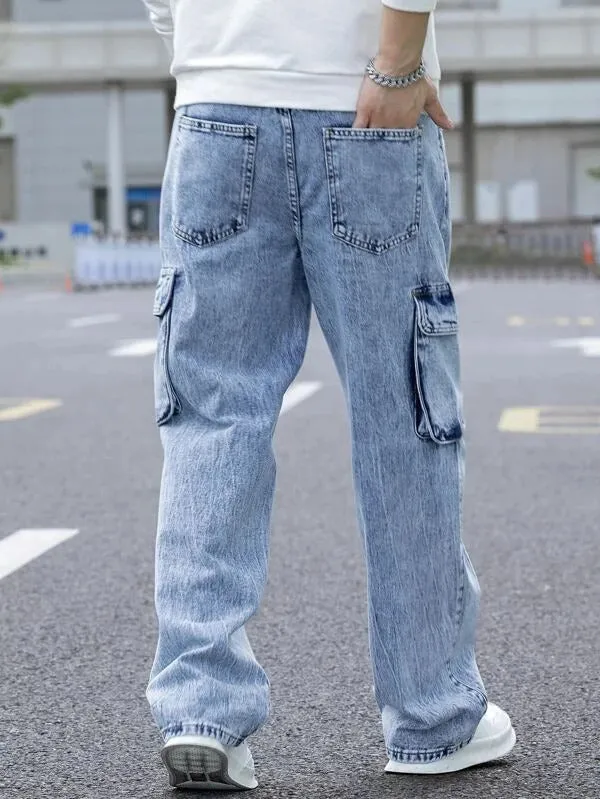 Blue Stone Wash Baggy Fit Cargo Men Jeans