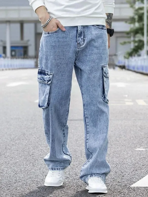 Blue Stone Wash Baggy Fit Cargo Men Jeans