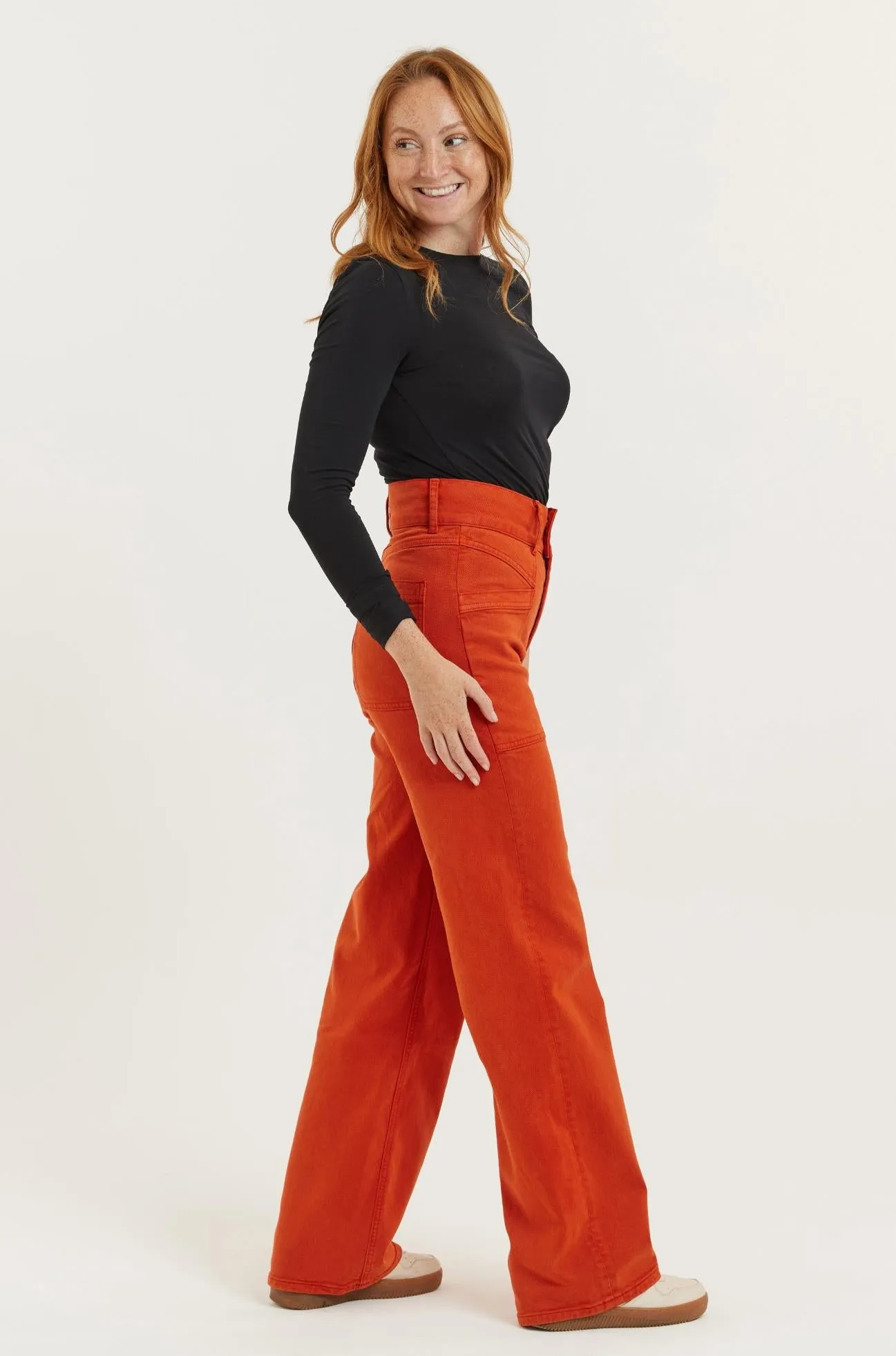 Burnt Orange Recycled Wood Twill Denim Dinah Super High Waist Women’s Trouser