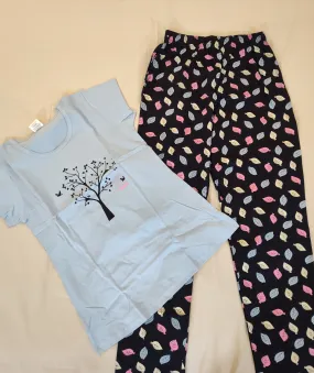 Charming Light Blue And Black Short Sleeve Round Neck Rich Cotton Pajama Set