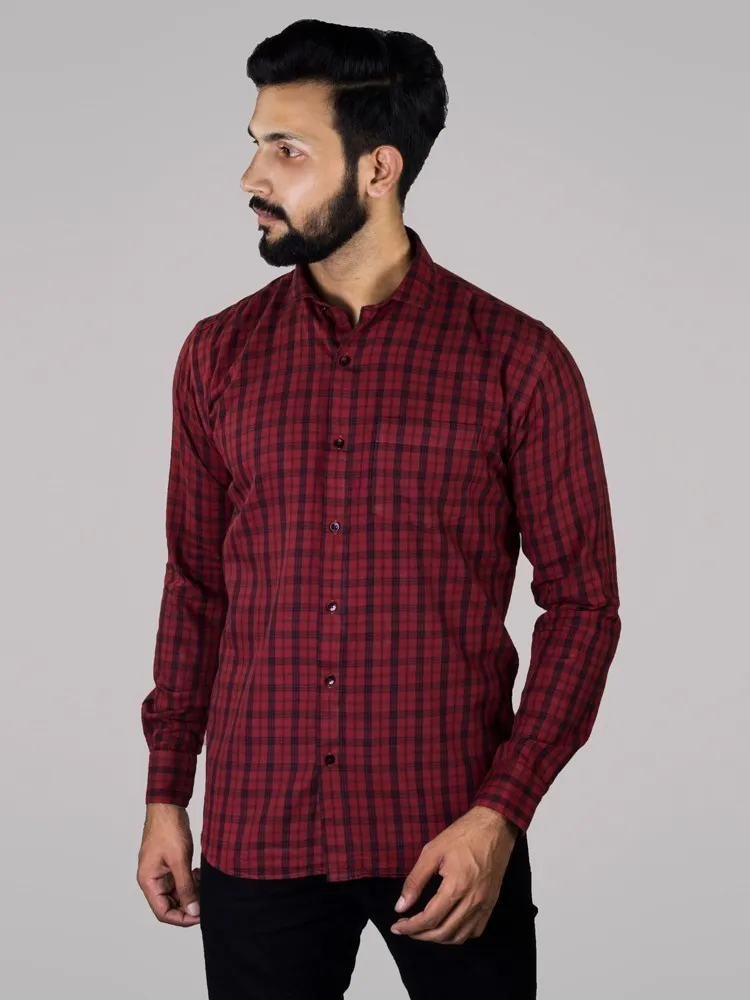 Check Shirt - Men Checked Button Down Collar Cotton Shirt