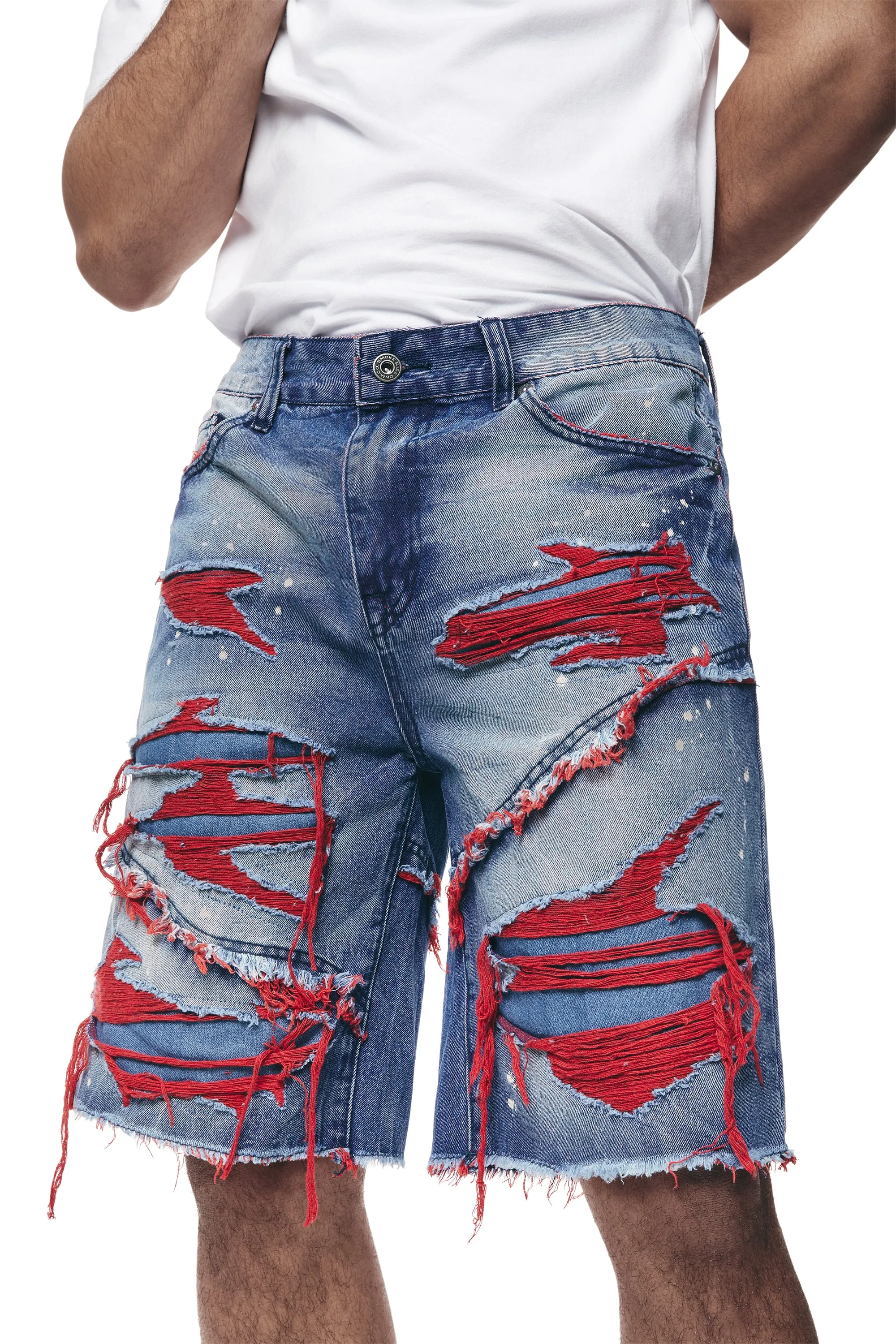 Color Wash Heavy Rip & Repair Jean Shorts - Red