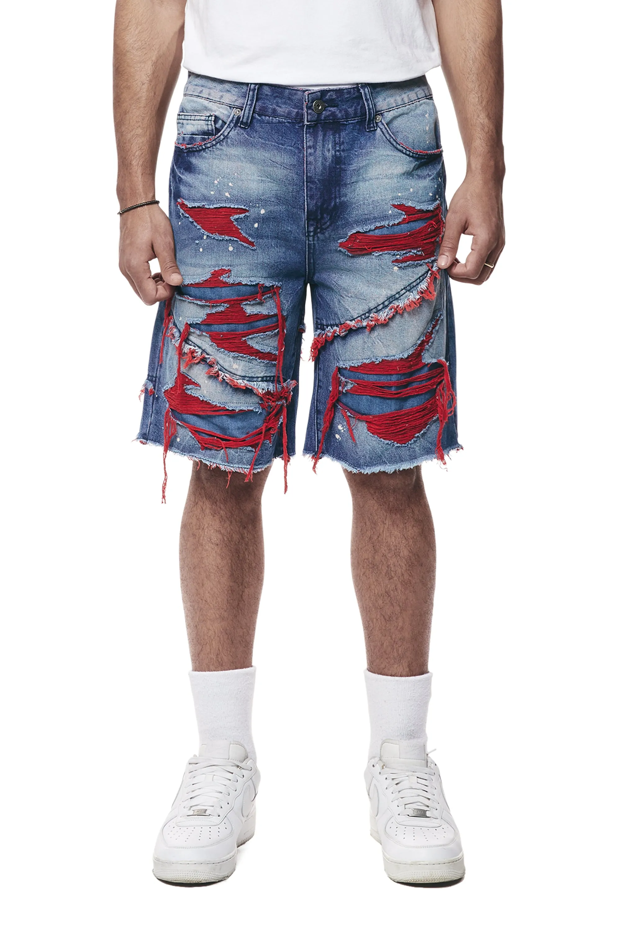 Color Wash Heavy Rip & Repair Jean Shorts - Red