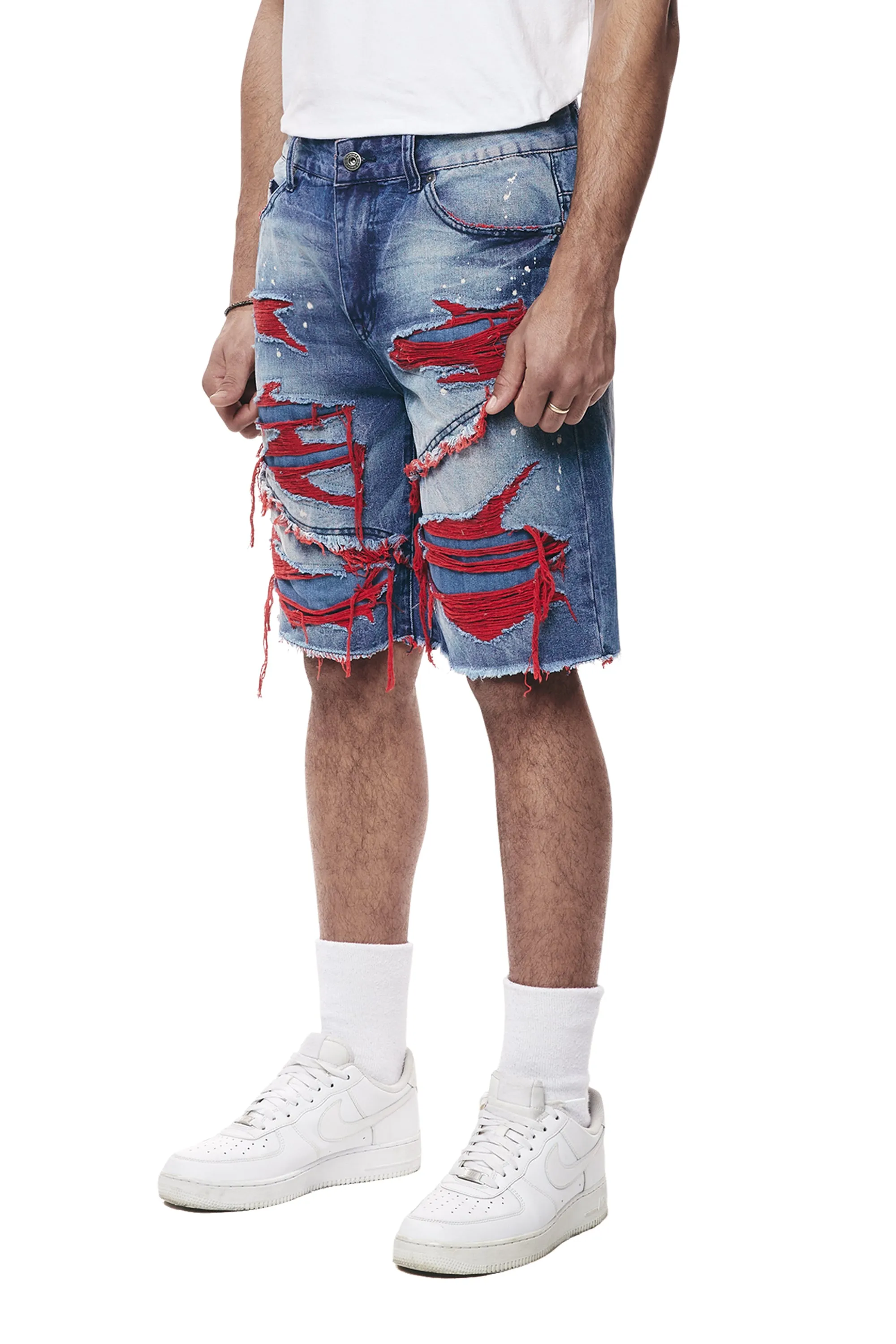 Color Wash Heavy Rip & Repair Jean Shorts - Red