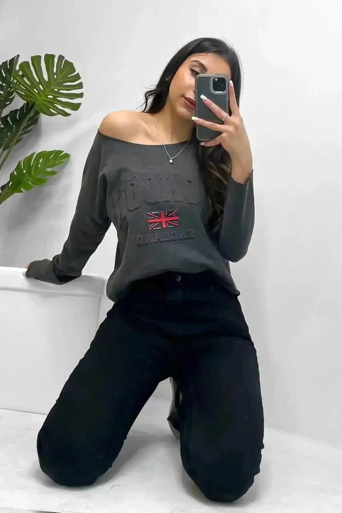 Dark Grey London Embossed Cropped Sweatshirt