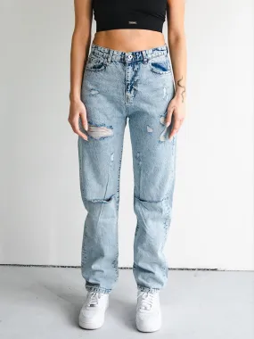 Destroyed Straight Fit Light Blue Women Jeans