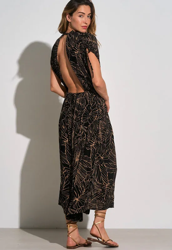 Elan - V-Neck Open Back Maxi Dress Black Tropic