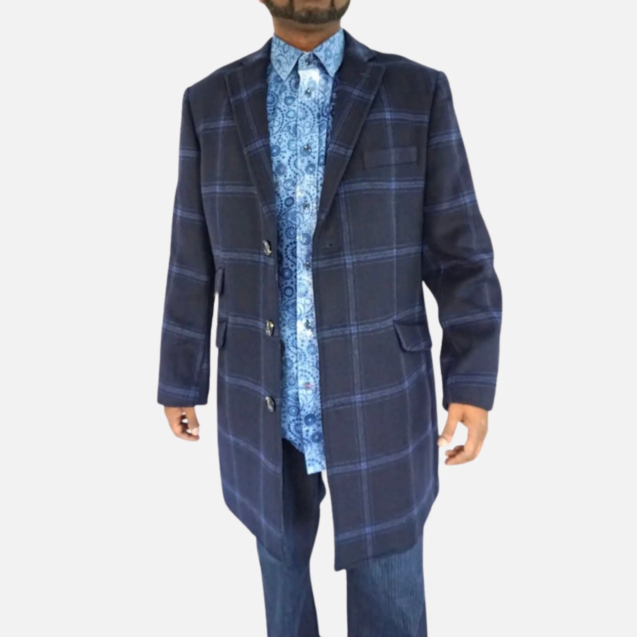 Enzo Blue Plaid Wool Carcoat for Men