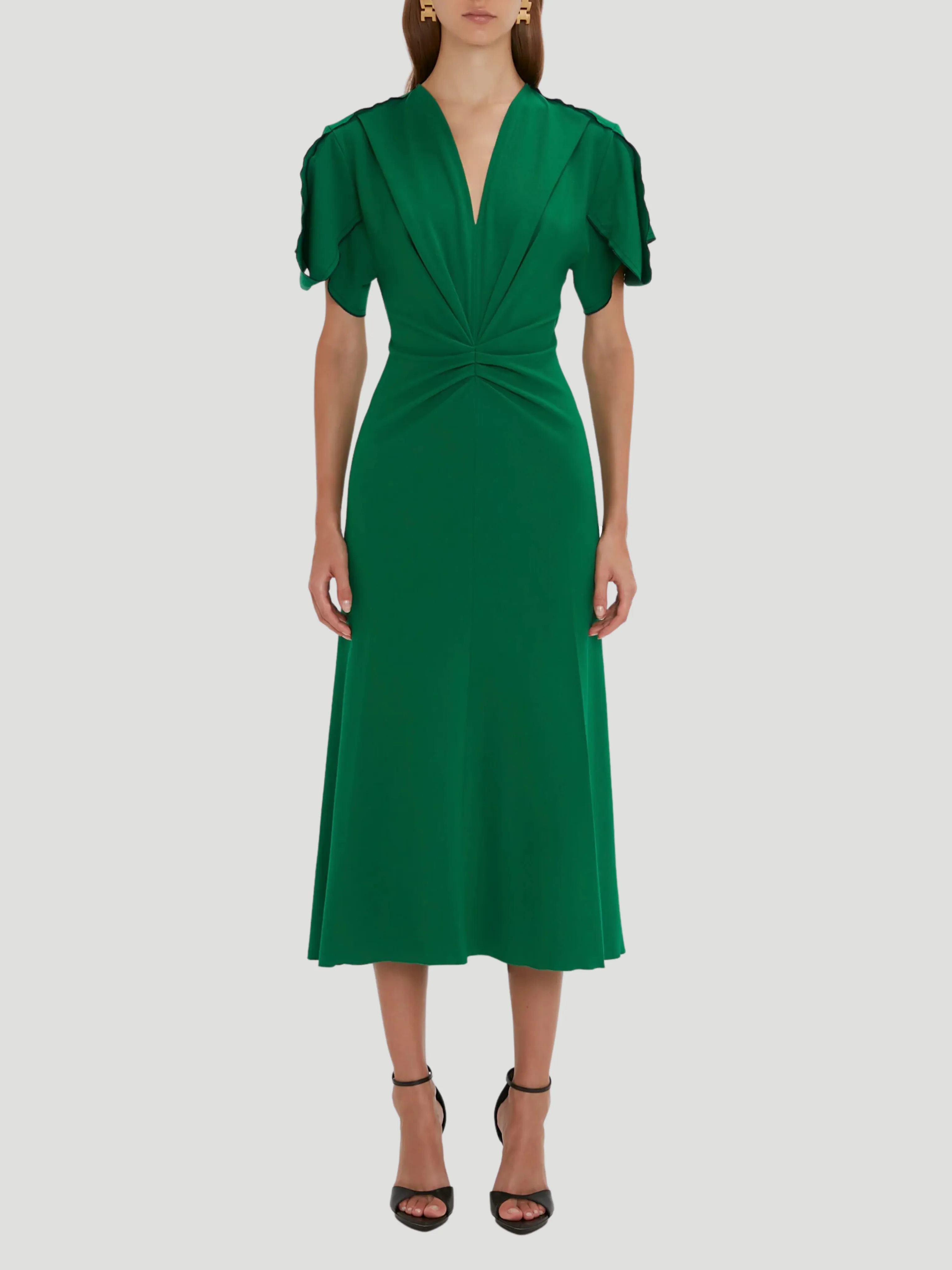 Gathered V-Neck Midi Dress