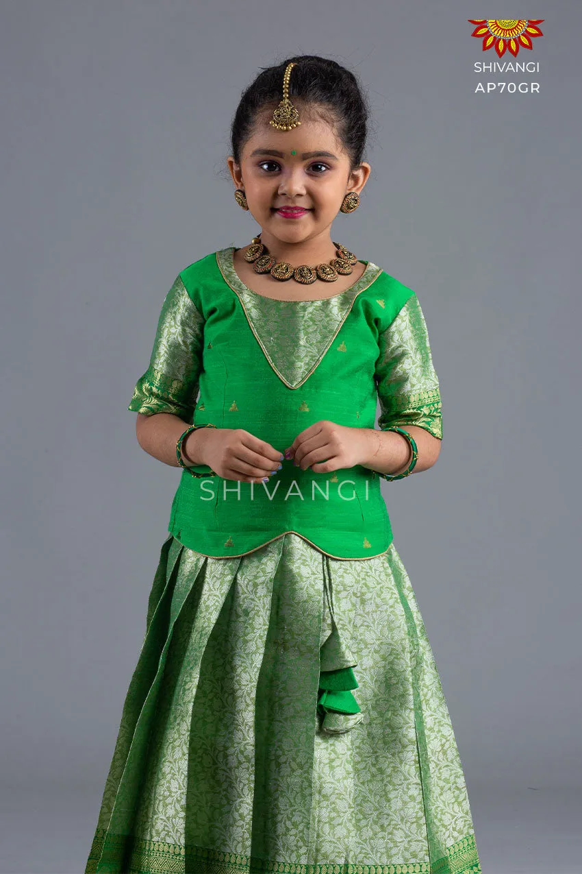 Girls Green Wild Rose Pattu Pavadai