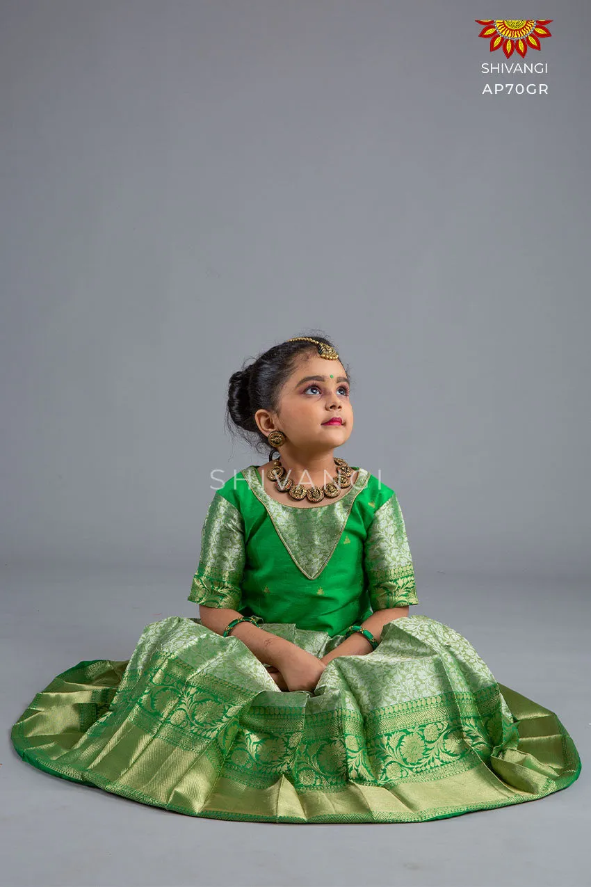 Girls Green Wild Rose Pattu Pavadai