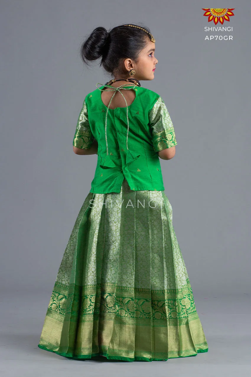 Girls Green Wild Rose Pattu Pavadai