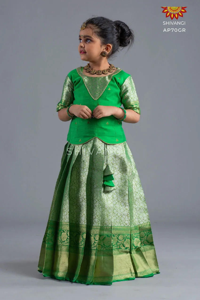 Girls Green Wild Rose Pattu Pavadai