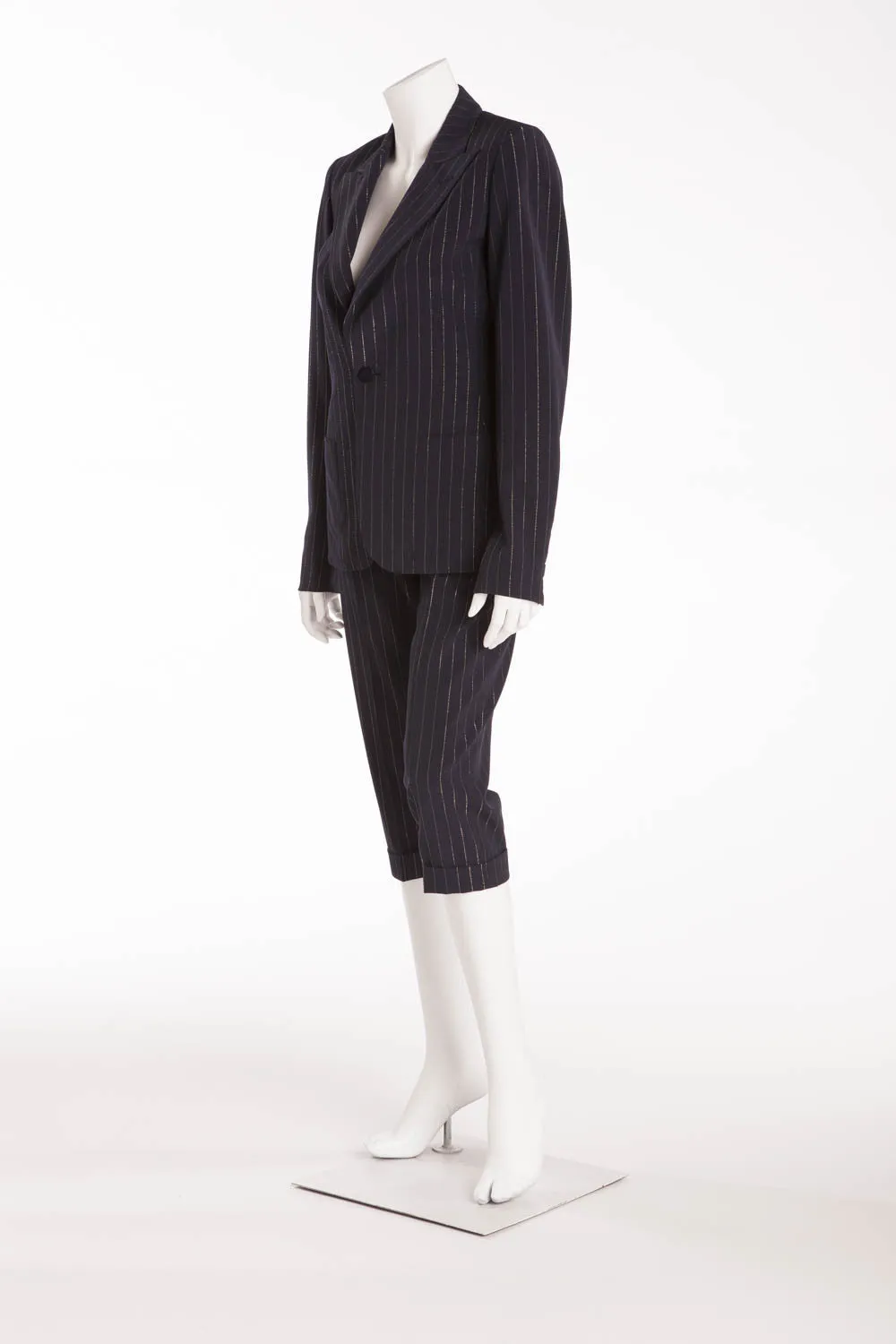 Jean Paul Gaultier - 2PC Dark Blue Pin with Gold Stripe Blazer and Capri - IT 40