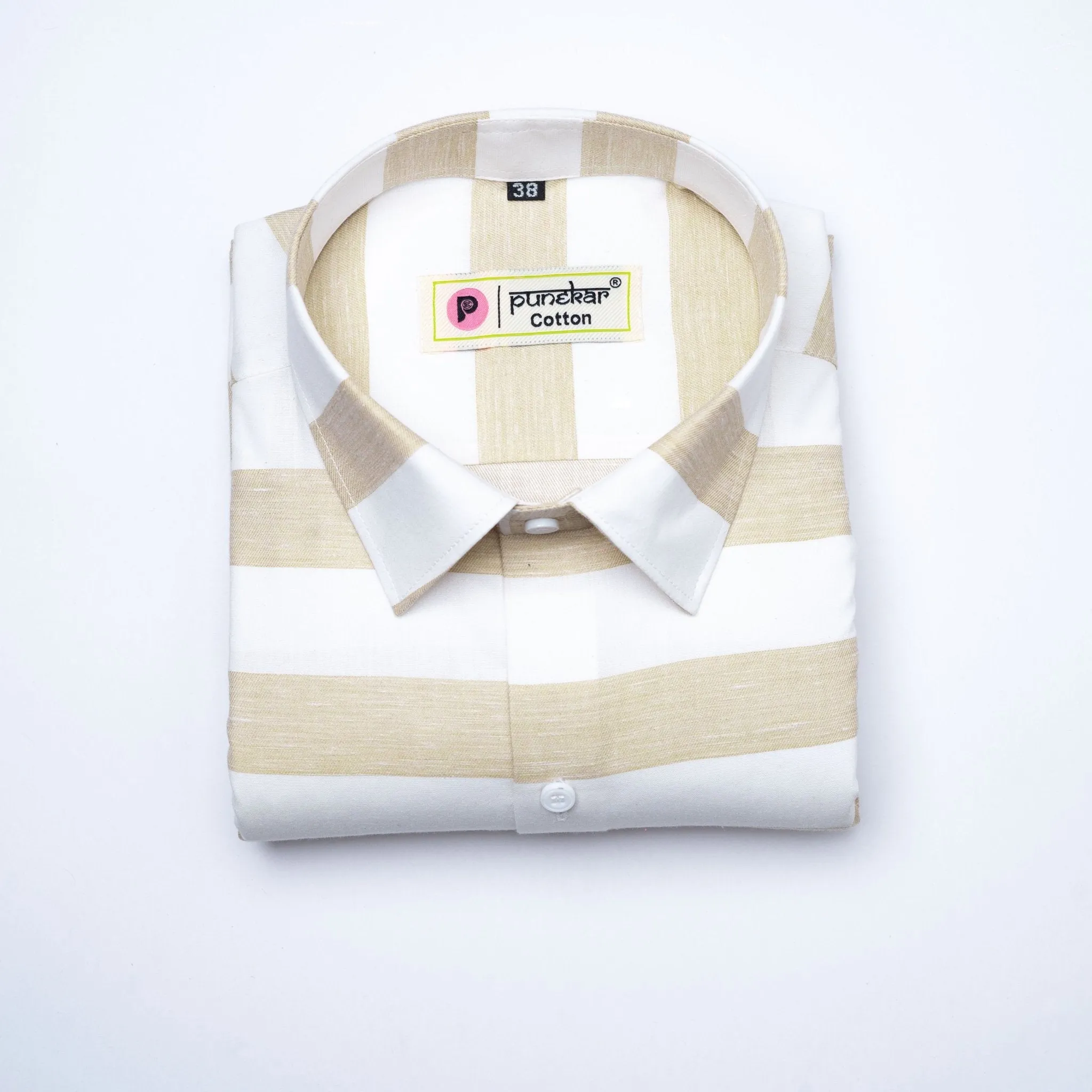 Light Tan Color Cotton Stripe Shirt For Men