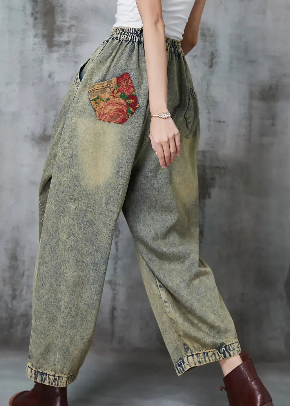 Loose Blue Elastic Waist Patchwork Applique Denim Pants Spring JK1018