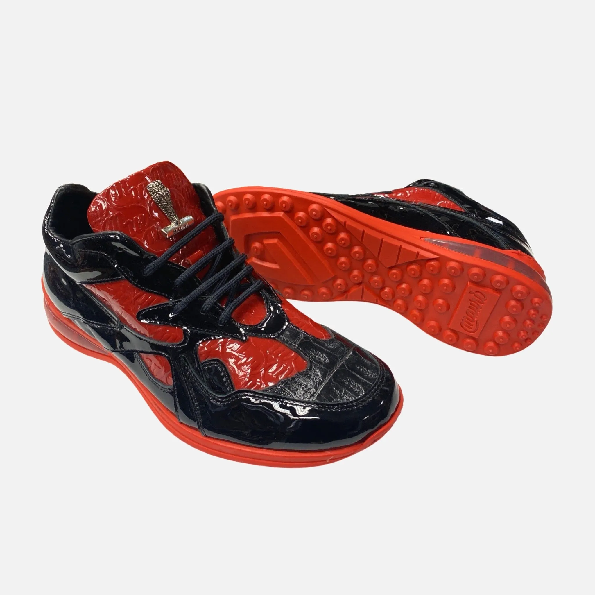 Mauri 8464/1 Black/Red Patent Leather & Baby Crocodile Sneakers - Luxury Statement Shoes