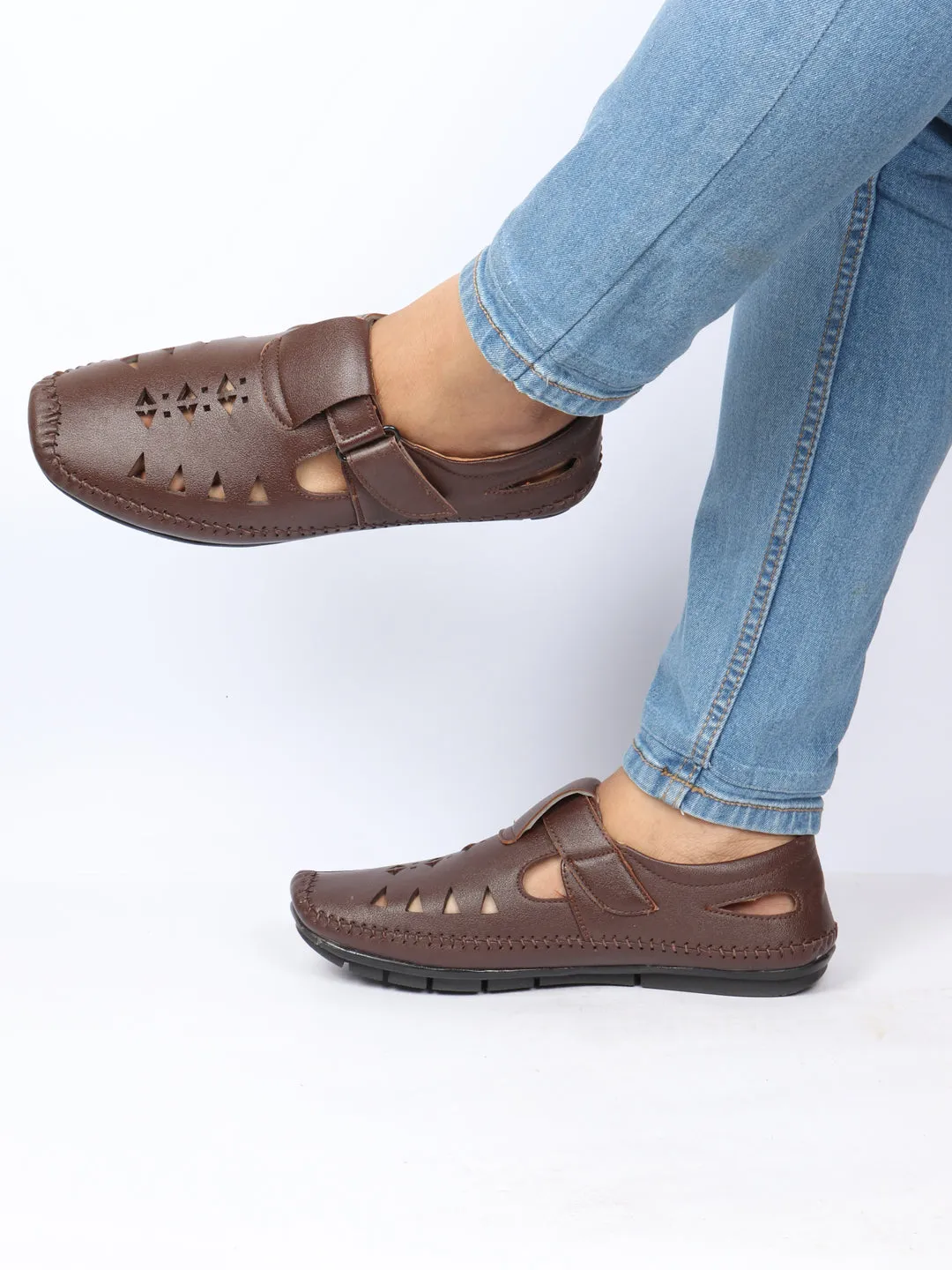 Men Brown Laser Cut Design Side Stitched Hook & Loop Driving Roman Sandals