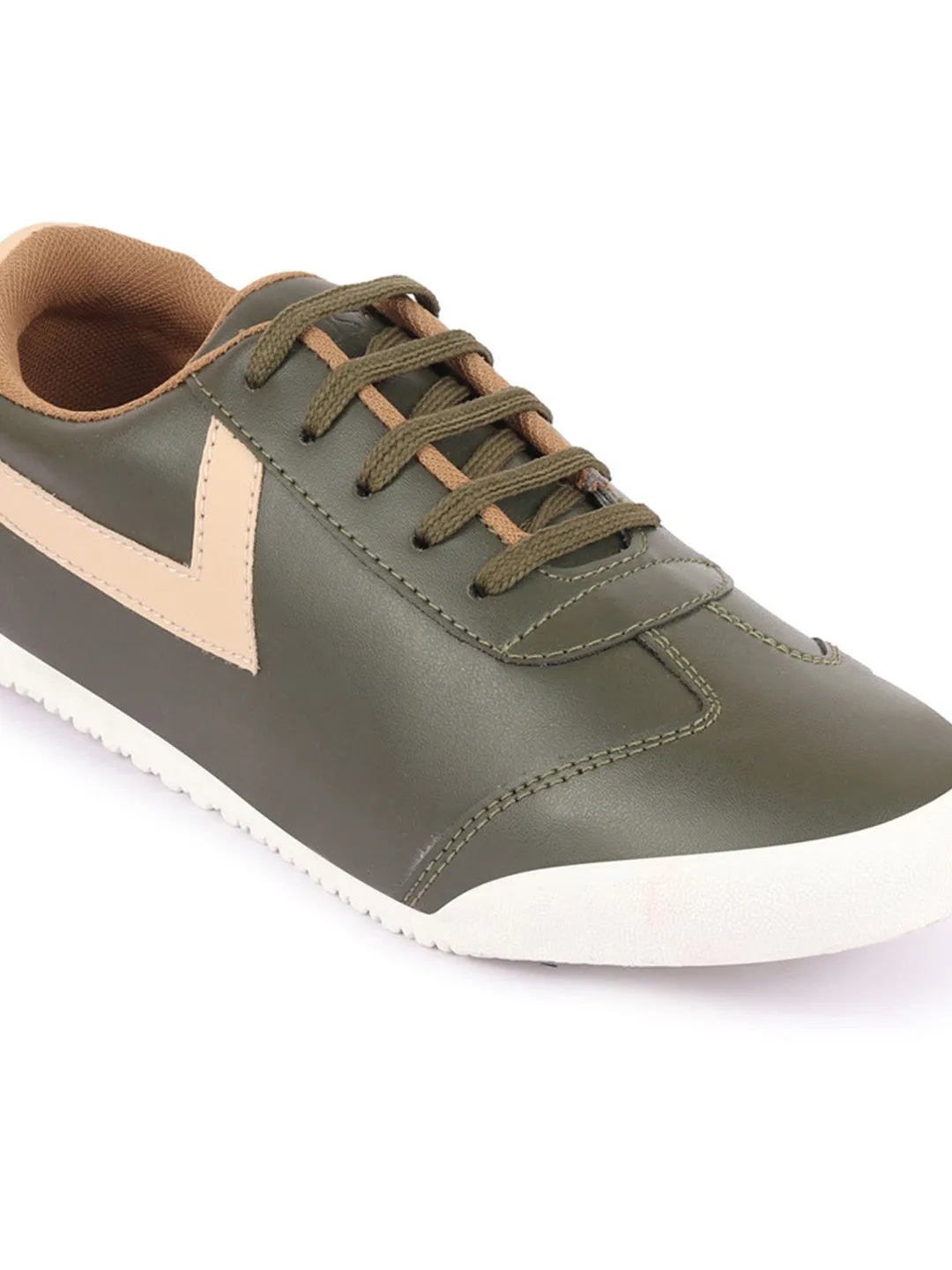 Men Olive Green Lace-Up Classic Striped Sneakers Casual Shoes