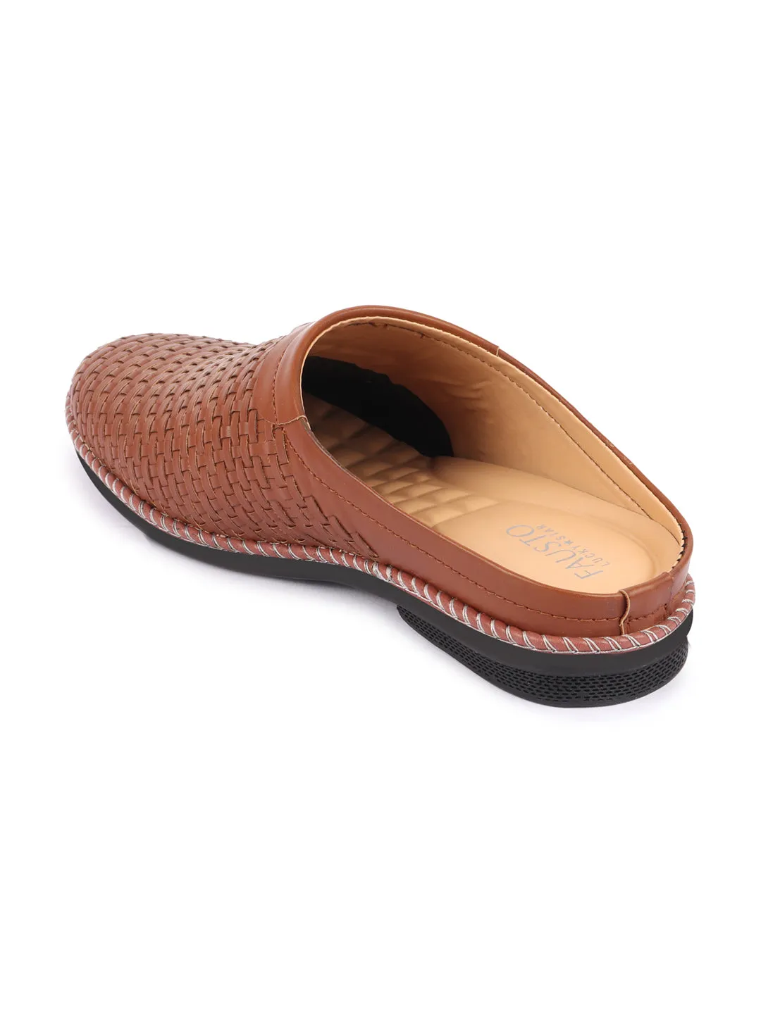 Men Tan Back Open Knit Design Stitched Ethnic Casual Mules