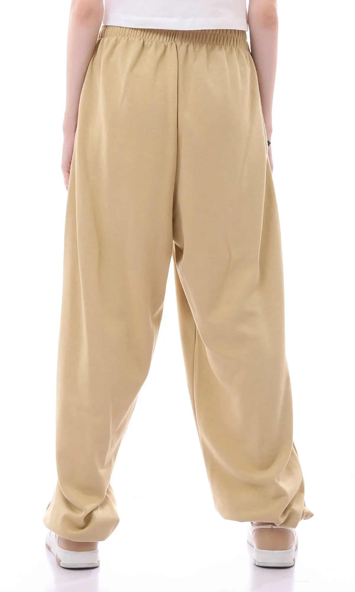 O165860 Elastic Waist Wide Leg Cotton Joggers Dark Beige Pants