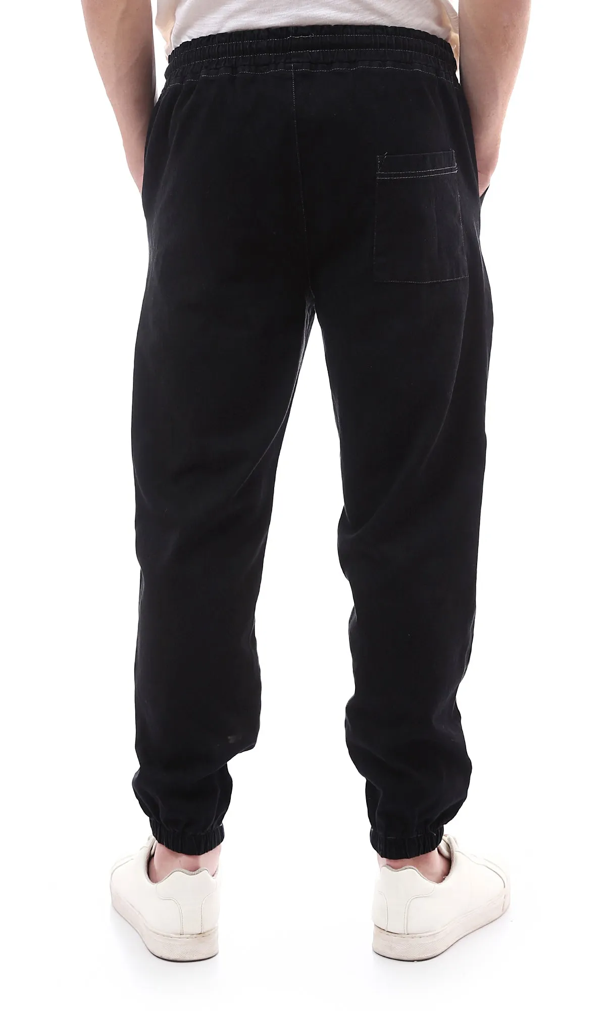 O168513 Elastic Waist With Drawstring Black Jogger Pants