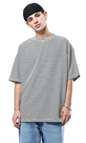 O180759 Relaxed Fit Striped Black & White Rayon Tee