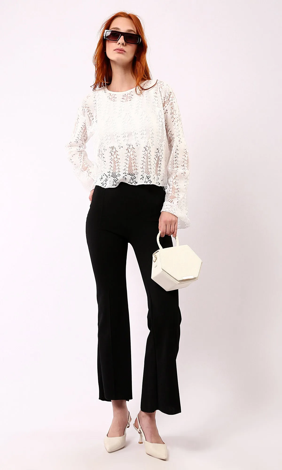 O187825 Self Pattern Slip On Off-White Perforated Blouse