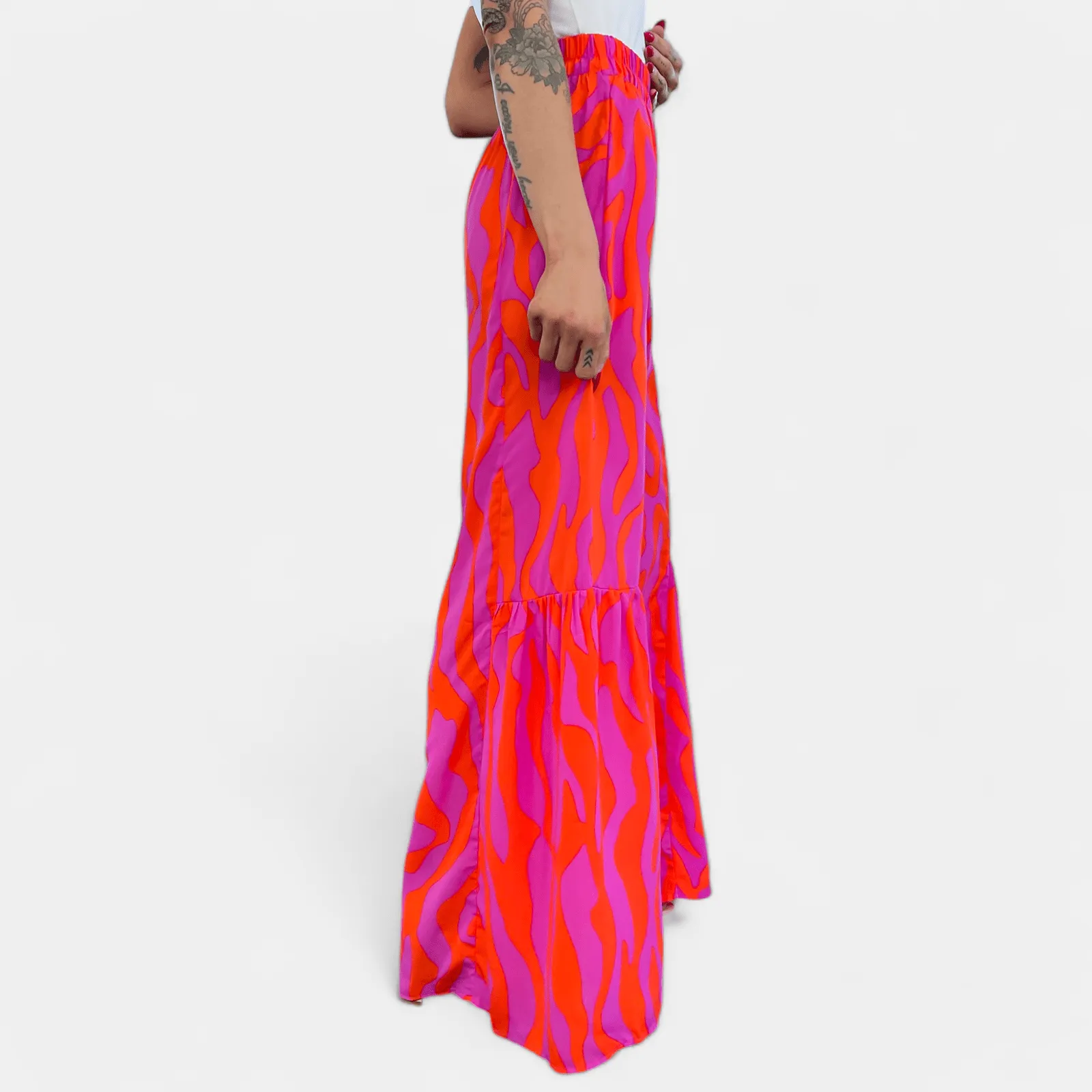 Orange & Pink Wavy Abstract Ruffle Pants