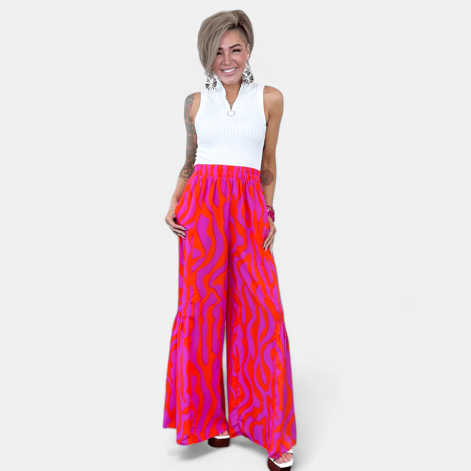 Orange & Pink Wavy Abstract Ruffle Pants