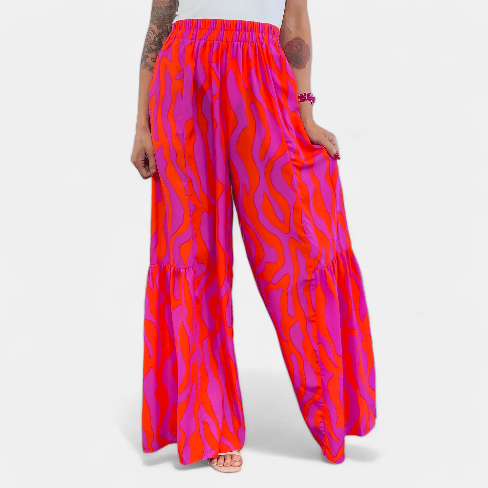 Orange & Pink Wavy Abstract Ruffle Pants