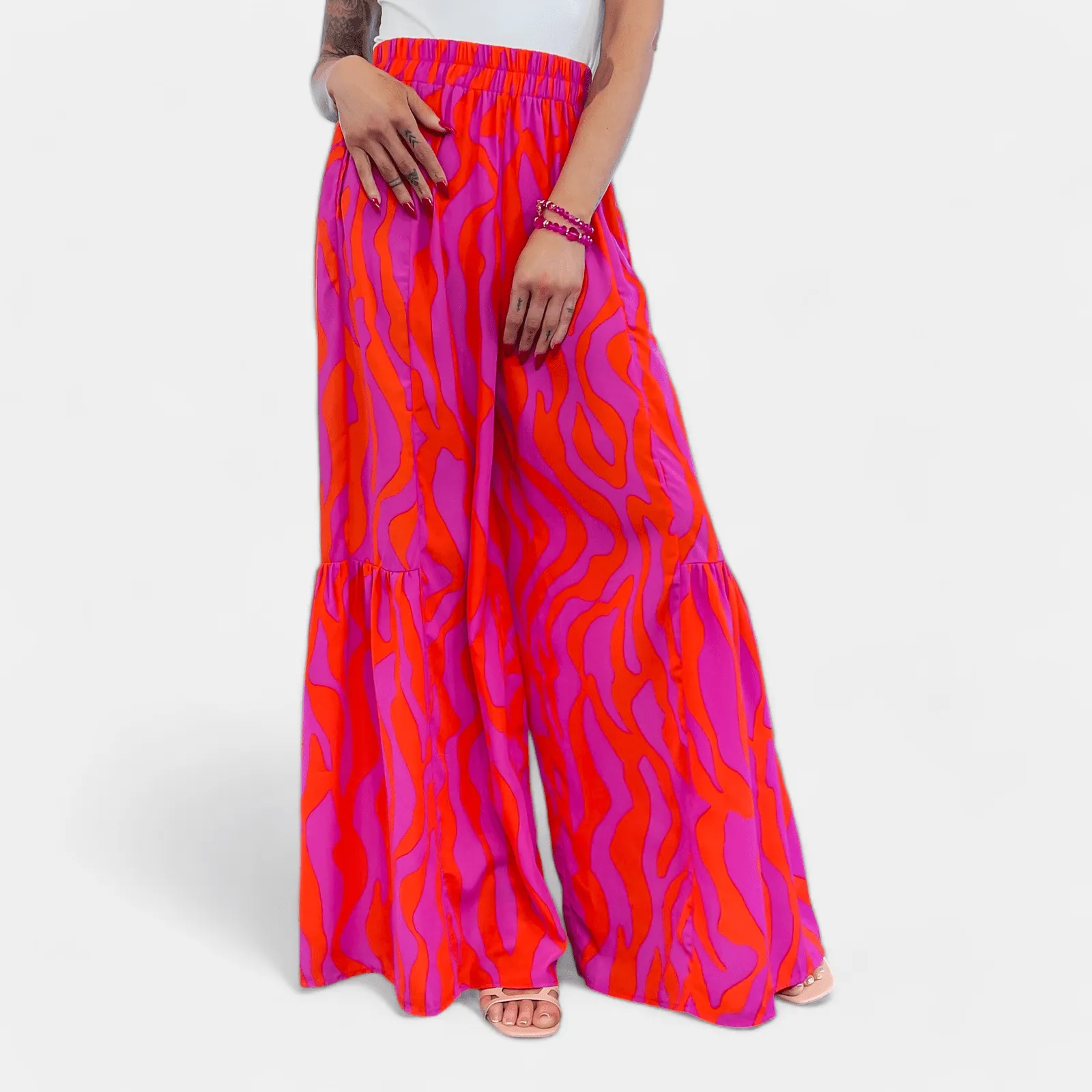 Orange & Pink Wavy Abstract Ruffle Pants