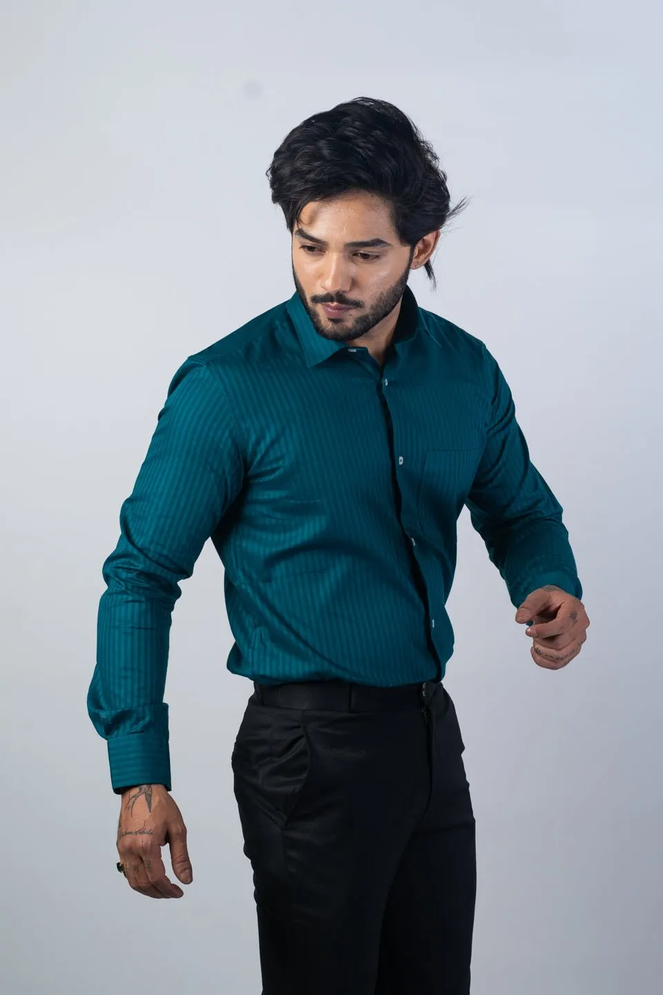 Peacock Color vertical Cotton stripe Shirt For Men