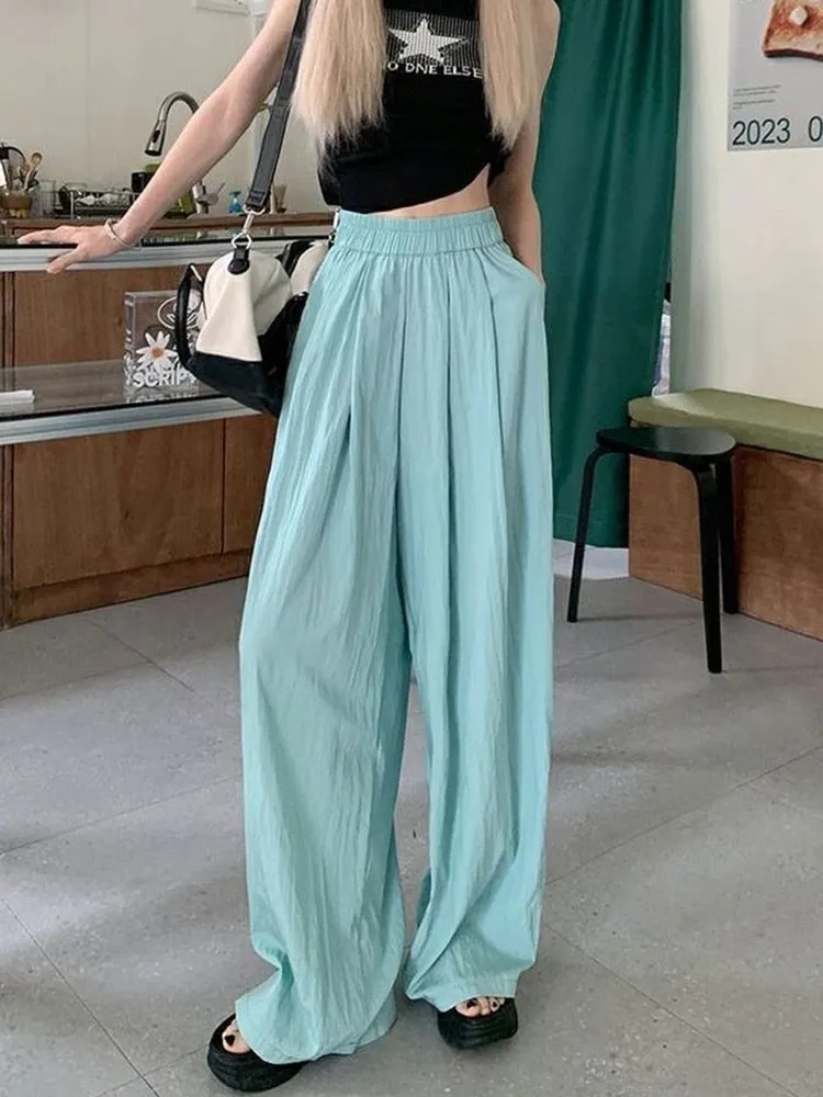 Pleated Flare Pants With Elastic Waist