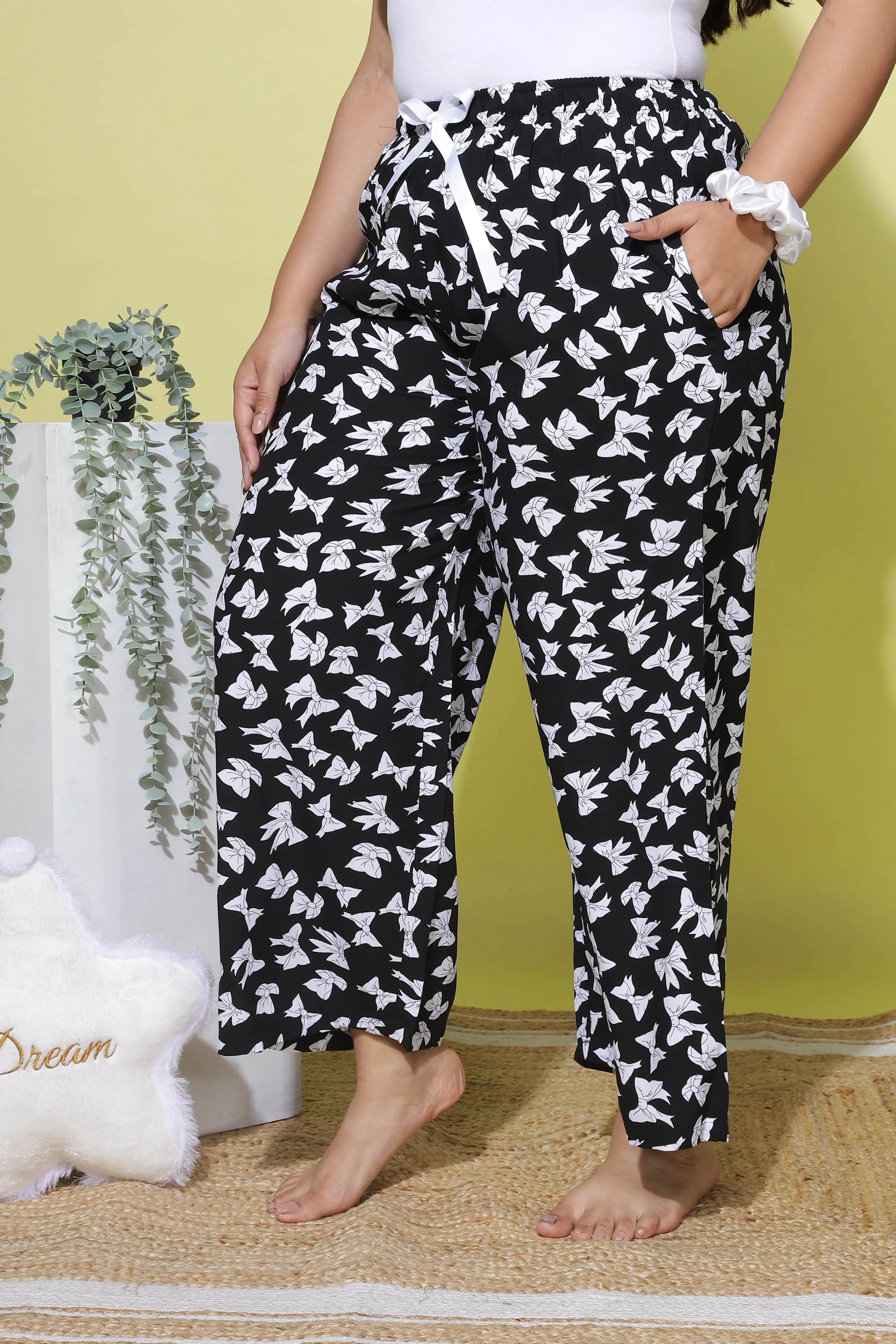 Rayon Plus Size Palazzo Pants Ribbon Black