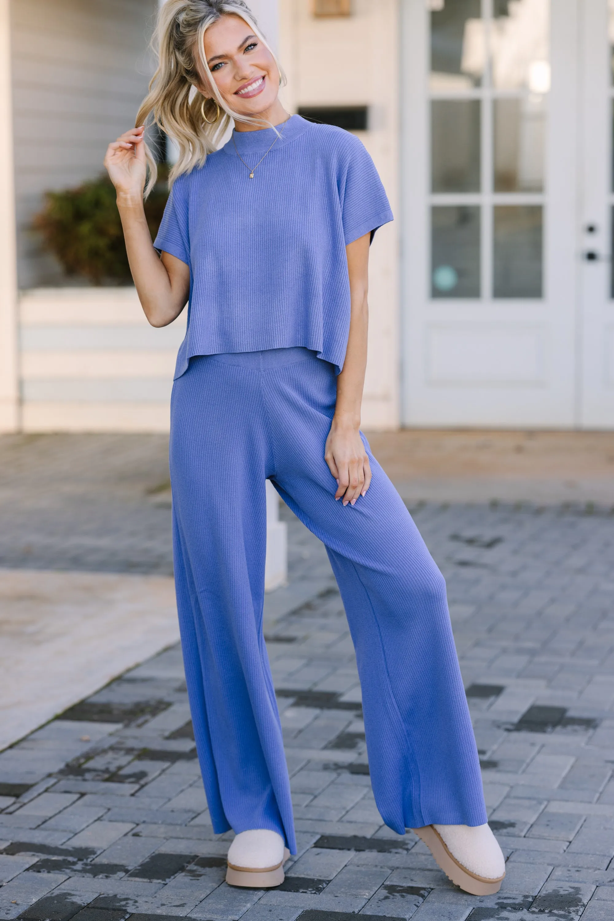 Safe Travels Blue Ribbed Knit Wide Leg Pants