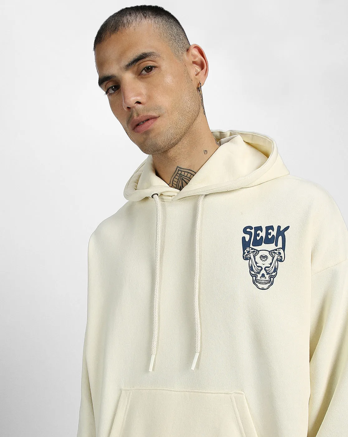 Seek Off-White Oversized Pocket Graphic Printed Hoodie