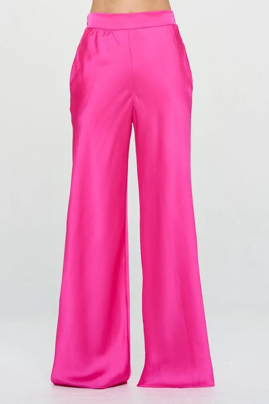 Stretch Satin Pants with Elastic Waist and Pockets