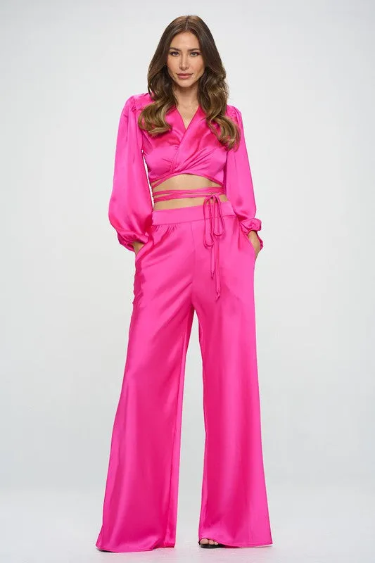 Stretch Satin Pants with Elastic Waist and Pockets