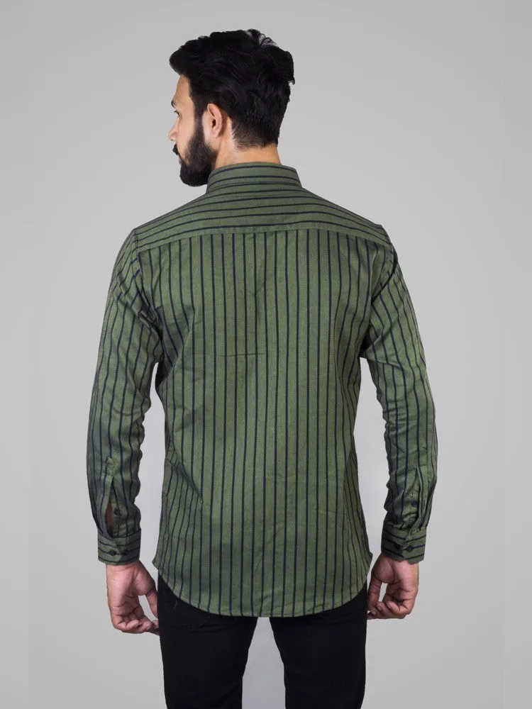 Striped Shirt Men - Green Twill Stripes Classic Fit Cotton Shirt