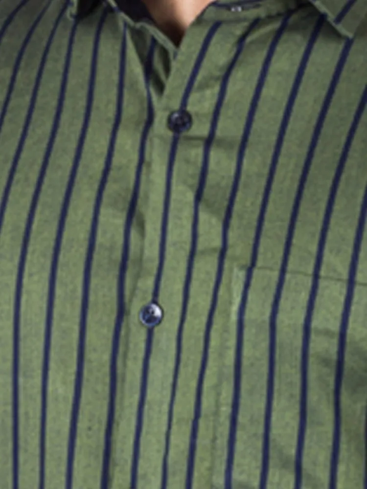 Striped Shirt Men - Green Twill Stripes Classic Fit Cotton Shirt