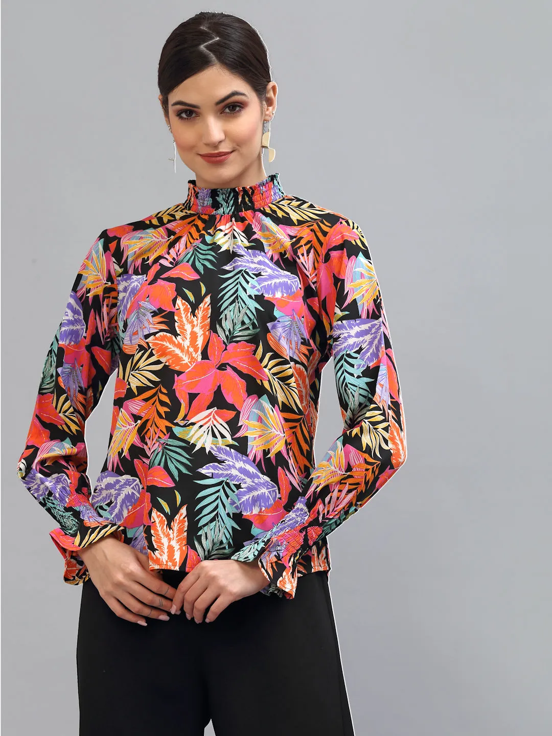 Style Quotient Women Black Floral Print Crepe Top