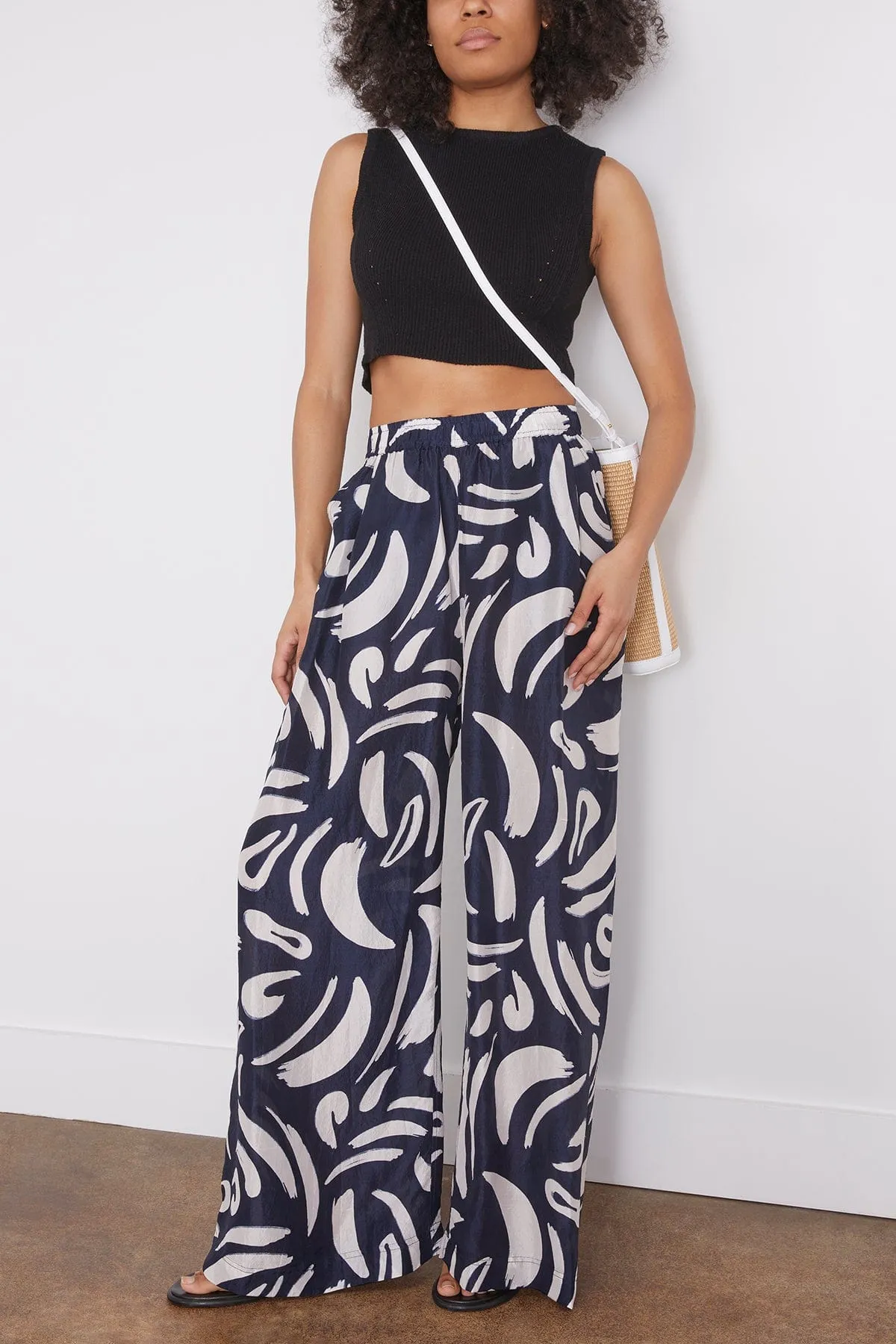 Suerte Wide Leg Pant in Navy Abstract Brushes