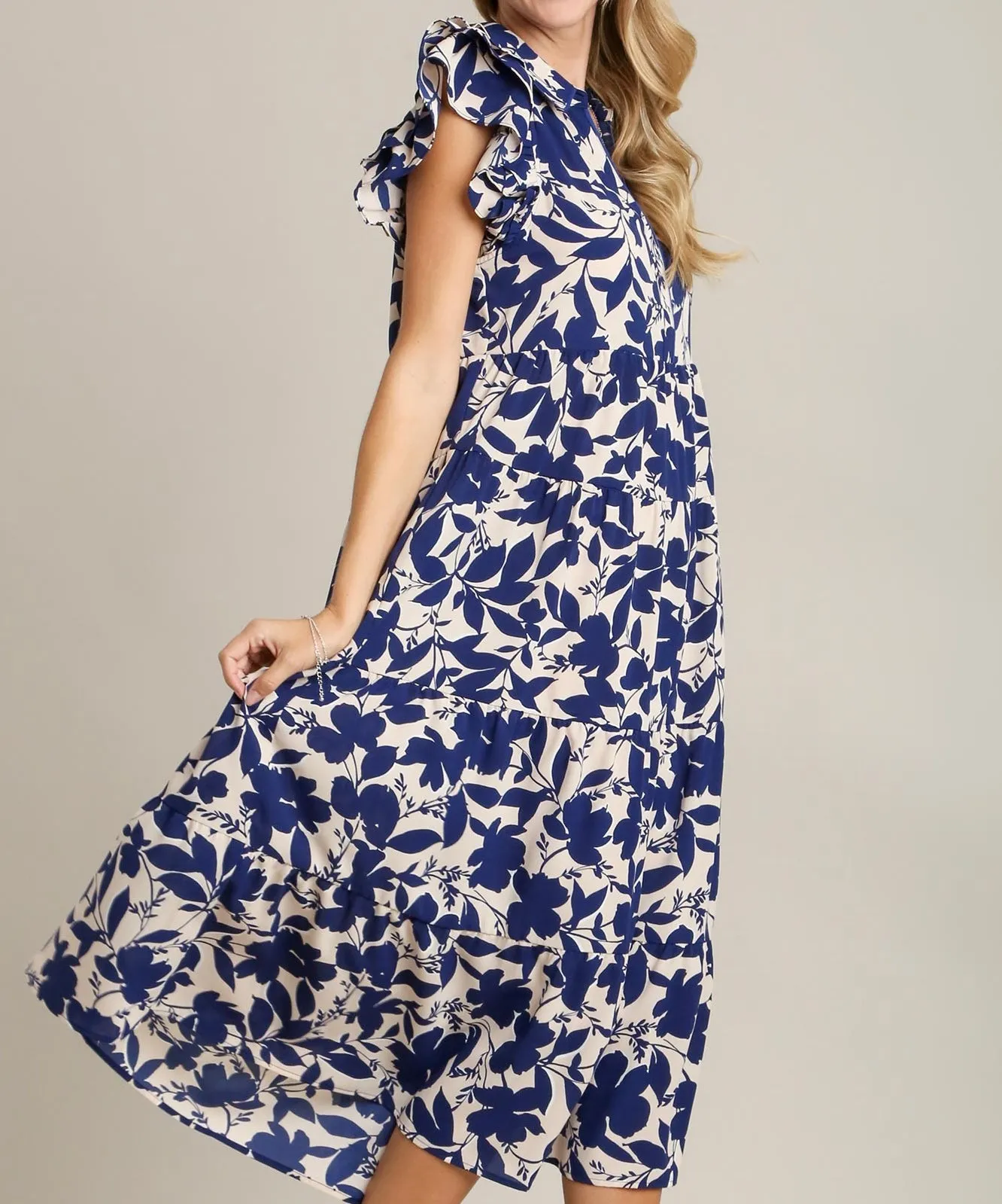 Two-Tone Floral Dress - Navy Mix