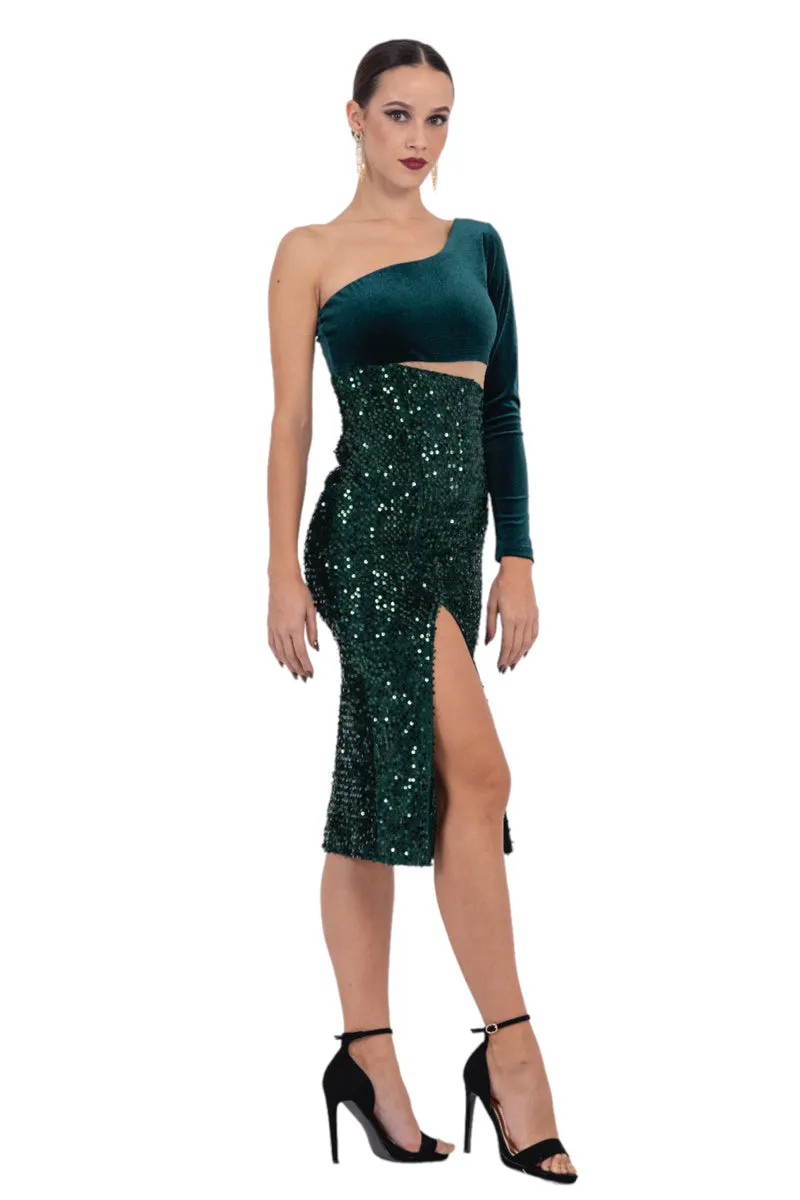 Velvet And Sequin One-Sleeve Midi Dress With Side Cutout